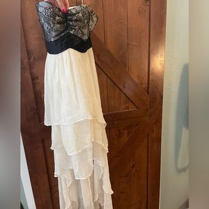 Max & Cleo strapless chiffon hi-low gown with lace bodice